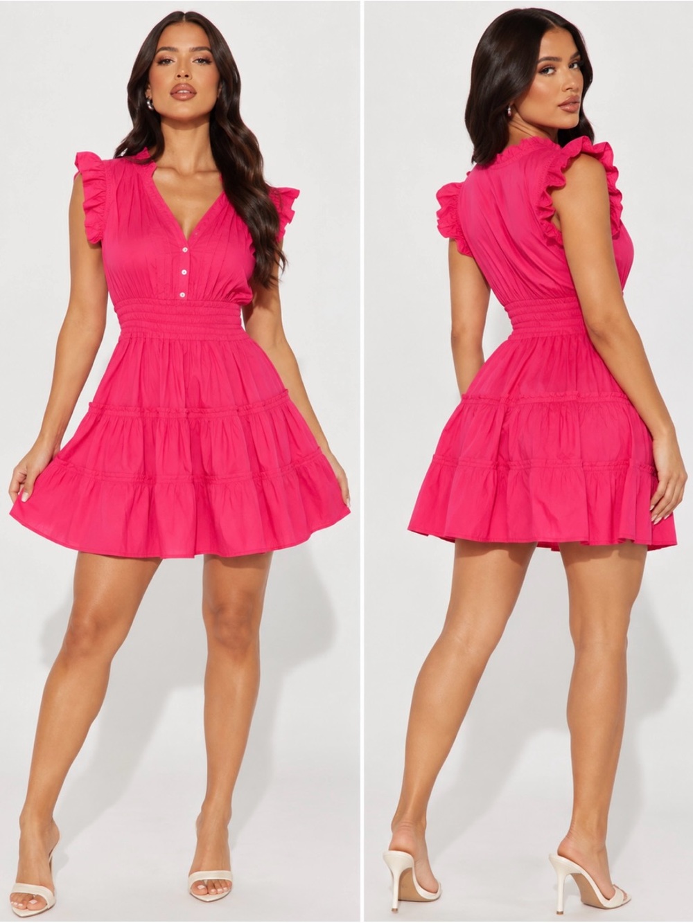 Smocked Waist Ruffle Sleeve Mini Dress in Hot Pink